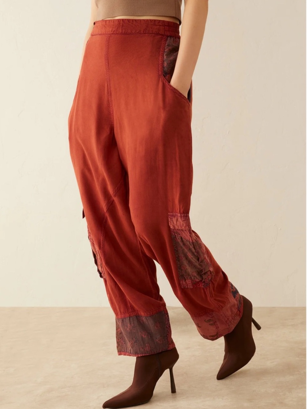 New Sz M, Bohemian Patchwork Wide-Leg Pants - Rust